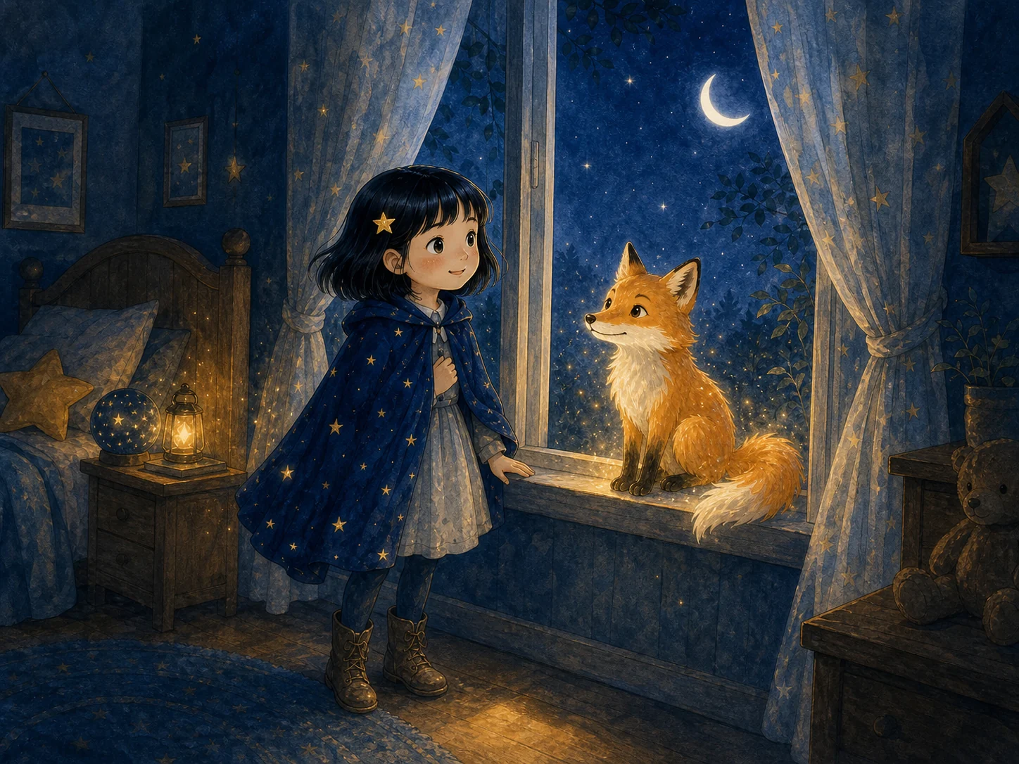 The fictional Luna character meeting a fox beside a moonlit window